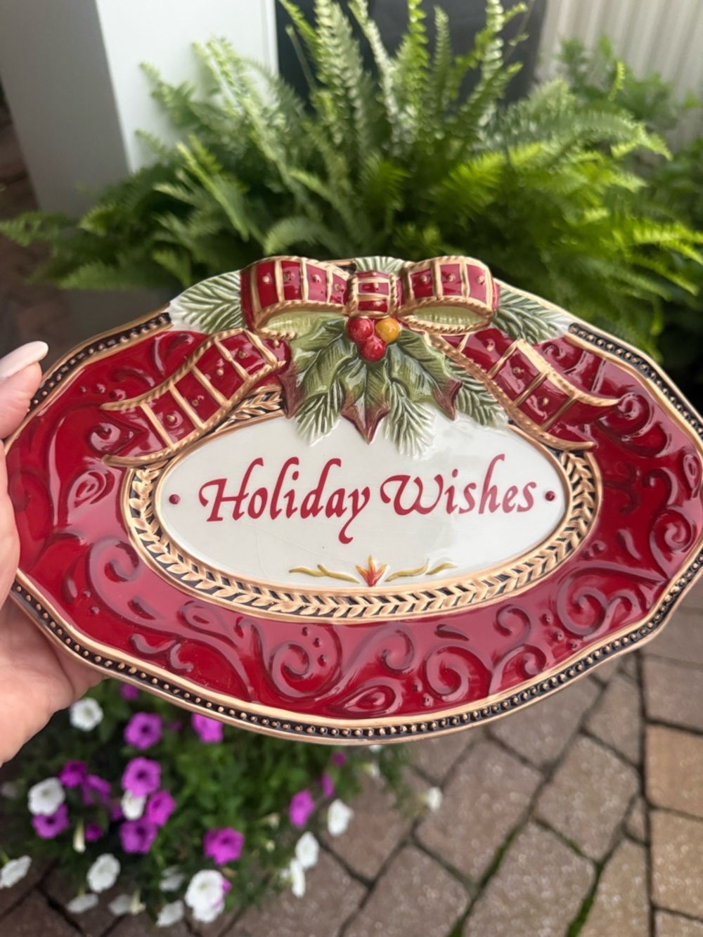 Fitz & Floyd Damask Holiday Wishes Christmas Candy Cookie Plate